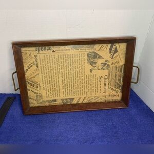 Vintage Wood Serving Tray w/ Glass Bottom Brass Handles 10x15 Replaceable Center